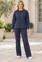 Women's Long Sleeve Off Shoulder Crew Neck Woven Detailed Pocket Slit Elegant Soft Textured Casual Navy Blue Sweatshirt Pants Two-Piece Set - 4