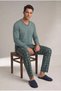 Juniper Green Checkered 100% Cotton Jersey V-Neck Long Pajama Set with Pockets - 4