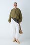 Women's Bomber Jacket with Stand Collar, Zipper Closure, and Elastic Sleeve Detail - Oil Green