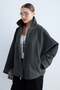 Women's Stand Collar Zippered Oversize Short Jacket with Wide Sleeves and Pocket Detail, Relaxed Fit - Anthracite - 3