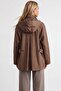 Women's Brown Hooded Oversize Trench Coat with Hidden Placket Alc-X15637 - 5