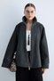 Women's Stand Collar Zippered Oversize Short Jacket with Wide Sleeves and Pocket Detail, Relaxed Fit - Anthracite