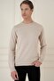 Slim Fit Ribbed Plain Beige Wool Crew Neck Knitwear Sweater Tr 900