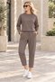 Women's Crew Neck Textured Drop Shoulder Soft Textured Sweatshirt and Ankle Length Soft Textured Pants Set with Elastic Waist Lycra Stretchy Pockets Sporty Stylish Two-Piece Combination Light Brown - 5
