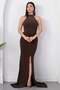 Halter Neck Evening Dress with Stone on the Chest Ecr5668 - 4