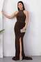 Halter Neck Evening Dress with Stone on the Chest Ecr5668