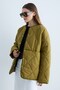 Women's Quilted Stand Collar Long Sleeve Casual Coat with Snap Pockets - Oil Green - 6