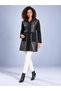 Women's Black Hooded Faux Leather Combination Jacket with Covered Pockets and Steel Fabric
