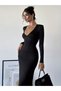 Women's long sleeve deep chest detailed waist lace-up long diving dress - 6