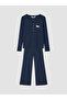 Two Mt Shop Quality Lcw Young Navy Blue Ribbed Embroidered Long Sleeve Women's Pajama Set - 5