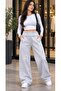 Trend Back Double Pocket Belted Waistband Foldable Waist Detail 3-Striped Palazzo Sweatpants with Cuff Stoppers