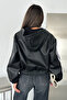 Women's Leather Jacket with Striped Sleeves and Hooded Zipper - 7