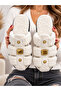 Women's White Plush Cross-Strapped House Slippers with Gold Accessories, Cage Model House Slippers, Dowry Gift Slippers Stc1372 - 6