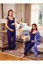 New Season Navy Blue Patterned Buttoned Special Design Lace Detailed Wide Strap 100% Cotton Maternity Pajama Set - 5