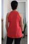 Red Front-Collar Gathered Crew Neck Combed Viscose T-Shirt - 5
