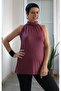 Dark Fuchsia Bordomsu Front-Collar Gathered Slightly Draped Turtleneck Sleeveless T-Shirt Made of Combed Viscose - 6