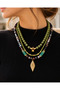 Women's Green Multi-Row Bead Necklace with Gold Leaf End and Stone Detailed Design - 4
