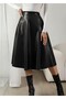 Women's High Waist Zippered Flared Leather Midi Skirt - 5