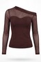 Women's One-Shoulder Low-Cut Long Sleeve Tulle Detailed Sandy Blouse - 4
