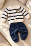 Baby Boy Set with Teddy Bear Detail, Striped 2-Piece Top and Bottom Set, Seasonal - 5