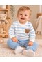 Baby Boy Striped Embossed Teddy Bear Embroidered Cotton Seasonal 2-Piece Top and Bottom Set