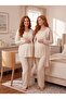 New Season Beige Jacquard Shawl Collar Patterned Breastfeeding Feature 100% Cotton Winter Long Sleeve Special Design Maternity Pajama Set - 5