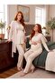 New Season Beige Jacquard Shawl Collar Patterned Breastfeeding Feature 100% Cotton Winter Long Sleeve Special Design Maternity Pajama Set - 8