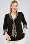 Plus Size Zebra Patterned Tie and Flounce Three Quarter Sleeve Side Slit Blouse