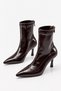Klara Women's Brown Shiny Pointed Toe Thin Stiletto Heeled Short Boots with Back Zipper 8 cm Heel - 6