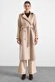 Punto Stitch Detailed Double Breasted Long Premium Fabric Coat Beige 3187 - 4