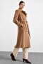 Punto Stitch Detailed Double Breasted Long Premium Fabric Coat Kamel 3187 - 6