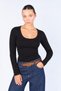 Women's Black Open Collar Long Sleeve Ribbed Bodysuit - 2
