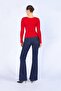 Women's Red Open Collar Long Sleeve Ribbed Bodysuit - 4