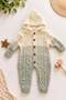Hooded baby knit jumpsuit with color transition knit pattern and wooden buttons 3-6-9-12 months
