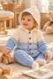 Hooded baby knit jumpsuit with color transition knit pattern and wooden buttons 3-6-9-12 months - 2