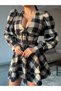 Women's Black Plaid Mini Skirt Ruffled Balloon Sleeve Dress - 3