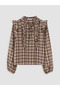 Brown Tie-Neck Plaid Ruffle Blouse