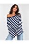 Women's Navy Blue Striped Off-Shoulder Long Striped Blouse - 2