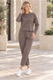 Women's Round Neck Long Sleeve Soft Textured Sweatshirt and Ankle Length Soft Textured Pants Set with Elastic Waist Lycra Stretchable Pockets Sporty Elegant Two-Piece Combination Light Brown