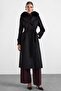 Premium Fabric Coat with Knit Stitching Detail and Detachable Fur Black 3196-Tk - 2