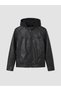 Black Slim Fit Hooded Men's Leather Look Coat - 6