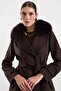 Premium Fabric Coat with Knit Stitching Detail and Detachable Fur Aci Brown 3196-Tk - 6