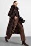 Premium Fabric Coat with Knit Stitching Detail and Detachable Fur Aci Brown 3196-Tk - 4