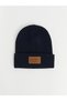 Navy Blue Folded Label Detailed Men's Knitwear Beanie