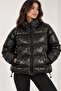 Women's Hakim Collar Leather Puffer Coat Black - 2