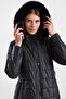Zipper Closure Detachable Fur Hooded Long Quilted Coat Black 6916 - 6