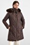 Removable Fur Hooded Zipper Closure Quilted Coat Brown 6923
