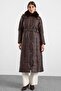 Long Quilted Coat with Fur Collar and Detachable Hood Brown 6930