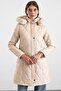 Removable Fur Hooded Zipper Closure Quilted Coat Stone 6923