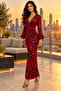 Women's Red Black Zebra Patterned Long Sleeve V-Neck Drawstring Detailed Long Maxi Dress